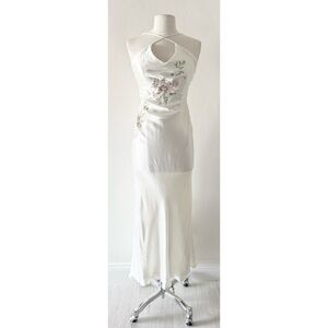 Vintage 90s Dave & Johnny White Satin Floral Embroidered Maxi Dress